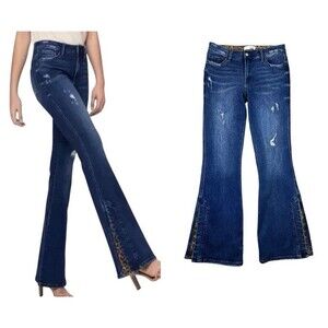 Vervet Flare Jeans w Leopard Slit  Size 30  VT1230  Boho Mobwife Retro 70s